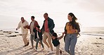 Beach, happy and big family holding hands and running together on vacation, holiday or adventure. Happiness, fun and boy children bonding with grandparents and parents by the ocean on a weekend trip.