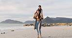 Beach, walking and mother with child on shoulders happy together for outdoor holiday or vacation while bonding at sea. Love, care and parent or mom showing kid nature to enjoy quality time at ocean