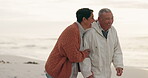 Love, funny and relax with old couple at beach for travel, happy and retirement. Happiness, wellness and care with senior man and woman walking on seaside date for romance, marriage and vacation