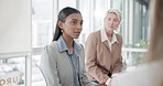 Group in therapy, business women in discussion with support, care and problem solving. People in circle for counselling, talking and listening for empathy, trust and team building woman in office.