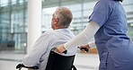 Wheelchair, help and woman nurse with old man in hospital for recovery, support or healing. Healthcare, rehabilitation and lady volunteer at nursing home with elderly male with a disability and care