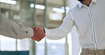 Business people, shaking hands and meeting for partnership, b2b interview and thank you, success or deal. Professional man, employee or clients shaking hands for thanks, welcome or job collaboration