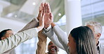 Business people, success and high five for collaboration, teamwork support or goals and celebration. Team building circle, job motivation and group of men and women with hands together for mission