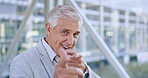 Happy, hand gesture and portrait of senior businessman walking in office with a smile from success, achievement or support. Ceo, man and finger gun for funny sign to employee or manager at work