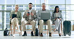 Technology, airport and waiting room row of business people check plane schedule, travel flight booking or transport journey. Airplane departure, lobby and group work on tablet, cellphone or phone