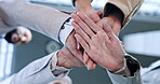 Stack, teamwork or hands of business people for motivation for mission, collaboration or support. Partnership, low angle closeup or colleagues in meeting huddle with vision or solidarity together