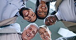 Faces, teamwork or happy business people in huddle for motivation for mission, collaboration or support. Partnership, low angle portrait or colleagues in meeting with unity, smile or vision together