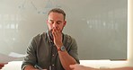 Headache, conference meeting and burnout of a business man in a office with team. Tired, staff paperwork stress and fatigue of working logistics employee feeling anxiety from company management