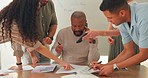 Stress, overwhelmed and multitasking businessman angry with group, hands and deadline in office. Anxiety, pressure and breakdown for male with compliance, task and review by frustrated team or chaos