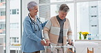 Rehabilitation, walker or doctor nursing old woman in retirement or hospital for wellness or support. Learning, caregiver helping or elderly patient with walking frame in physical therapy recovery