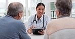 Medical consultation, tablet and senior couple, doctor and talk to client, explain hospital service or healthcare insurance. Discussion, good results or happy cardiology worker consulting old people
