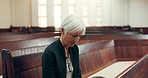 Church, bible or senior Christian woman ready to worship God, holy spirit or religion in cathedral alone. Faith, mature spiritual lady or elderly person in chapel praying to praise Jesus Christ