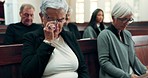 Sad, funeral or old woman crying in church for God, holy spirit or religion in cathedral or Christian community. Tissue, depressed or upset elderly person in chapel or sanctuary for Jesus Christ