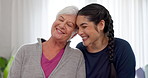 Happy, portrait of mom and grandmother in home with a smile for family, quality time or relax on mothers day in house. Senior woman, grandma and girl talking together with happiness and love