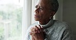Window, thinking and elderly woman with retirement, sad and mental health with retirement, anxiety and regret. Senior person, home or pensioner with regret, feeling lonely and remember with nostalgia