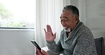 Senior man, video call and wave with smile, home or communication on internet, live stream or web blog. Elderly person, happy and hello with webinar, contact or excited on mobile app for social media