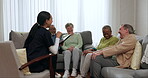Senior people, talking and nurse in support group for elderly and lonely community in nursing home or retirement. Therapy, old men or women in counseling for depression or mental health together