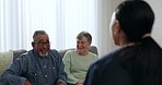 Senior couple, therapist woman and consultation with comic laughing, conversation and happy for breakthrough. Elderly man, lady and psychologist for counselling, funny memory or therapy in retirement