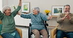 Wheelchair, watching tv and applause with senior friends in a home together during retirement. Happy, support or motivation and elderly people with disability clapping while streaming a live event