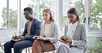 Technology, human resources and recruitment with business people waiting in line for an interview. Internet, job opportunity or hiring with a candidate group at work to apply for professional vacancy