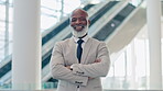 Professional, arms crossed and business with black man in office for manager, pride and happy. Smile, designer and entrepreneur with portrait of employee for confidence, empowerment and opportunity