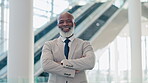 Smile, arms crossed and business with black man in office for manager, pride and professional. Happy, designer and entrepreneur with portrait of employee for confidence, empowerment and opportunity