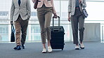 Airport, closeup or business people walking with suitcase for travel, airplane flight and terminal gate for trip. Legs, luggage bag or shoes on a journey, international transportation or global tour 