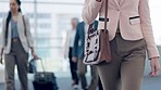 Office, travel and business woman with bag walking for morning commute, arrival and journey in workplace. Corporate, professional and closeup of female person for conference, meeting and tradeshow