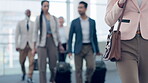 Walking, body or businesswoman with bag in airport for travel, airplane flight and terminal gate for trip. Closeup, luggage or entrepreneur on a journey, international transportation or global tour 