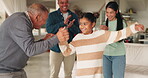 Dancing, family home and a child celebrate with fun energy and happiness in a living room. Girl kid, men and a woman or grandparent and parents moving and clapping hands for achievement or win