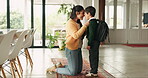 Mother, home and child ready for school and rub nose for greeting with love, care or affection. Woman, boy kid or student happy in morning to start education for knowledge, learning and development