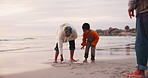 Beach, drawing and grandparents playing with child on the sand at sea happy for holiday or outdoor vacation together. Adventure, travel and grandma bonding kid or boy for quality time by the ocean