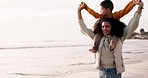 Family, piggyback and play on beach at sunset on vacation, holiday or winter travel together. Mother, spinning child and father at ocean to bond with interracial care, happy and smile outdoor at sea