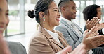 Smile, motivation and applause with business people in a seminar or workshop for training and development. Face, happy and support with an employee group clapping during a conference or meeting