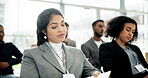 Seminar, listening or business people writing notes in meeting for education or corporate training. Mentorship, learning info or team of employees taking advice in group coaching in notebook or diary