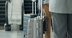 Luggage, line and people at an airport for travel, holiday or vacation while waiting in a queue. Closeup of passenger group with bags, suitcase or baggage for a flight or accommodation at a hotel