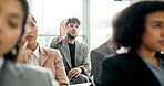Seminar, question or business people learning in meeting for education, knowledge or corporate training. Hand up, ideas or team of employees asking for advice info in group coaching or mentorship 