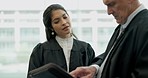 Document, partnership and team of lawyers in collaboration on a legal case or criminal investigation. Discussion, paperwork and professional female attorney talking to her senior judge mentor.