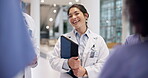 Doctors, happy woman or meeting for planning, training or schedule for appointment or medicine in hospital clinic. Nurses, smile or medical team in discussion for internship or tasks in collaboration