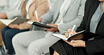 Seminar, hands or business people writing notes in meeting for education or corporate training. Mentorship, closeup or team of employees listening to advice in group coaching in notebook or diary