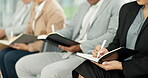 Workshop, hands or business people writing notes in meeting for education or corporate training. Mentorship, closeup or team of employees listening to advice in group coaching in notebook or diary