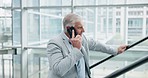 Phone call, escalator and business man talking, networking or walking for travel. Smartphone, happy manager and senior consultant on stairs in airport for communication, chat or speaking to contact