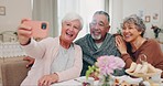 Senior women, man and selfie at brunch, tea party and happy in retirement, house and post on web blog. Elderly group, friends and photography with reunion, memory and profile picture for social media