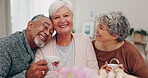 Face, smile and senior friends at a tea party together for a reunion visit during retirement in a home. Portrait, drink and a group of elderly people bonding in a living room for love or support