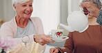 Hands pour tea, senior and people in home, bonding and group relax together. Happy elderly friends, coffee or drink in cup with espresso for breakfast with sandwich, food or bread in retirement house