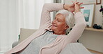 Relax, couch and senior woman stretching for calm or peace in a home happy and chilling in retirement. Peace, relief and elderly person with freedom, self love and good mood or positive mindset