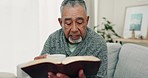 Senior man, bible and hope with faith, home and peace with guidance, coffee and holy worship. Elderly guy, Christianity or old male person with scripture, support or pray with religion, tea and relax