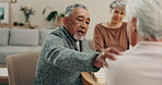 Support, conversation and group of senior friends talking retirement, compassion and care in home living room. Communication, community and elderly people discussion, empathy and comfort old woman