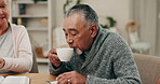 Tea, faith a senior man in a prayer group for belief in God or Jesus with friends during retirement. Bible, christian and drink with an elderly male person reading a book to learn about Christ