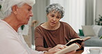 Worship, support and bible study with old women and books for praying, peace and mindfulness. Help, learning and Christian faith with senior friends in living room at home for care and gratitude